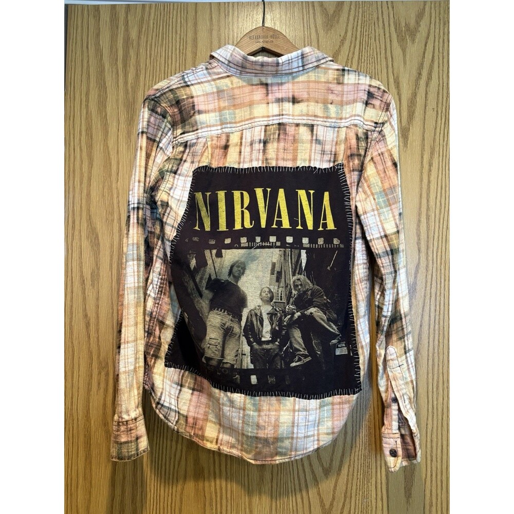 Upcycled Nirvana Flannel/T-Shirt Men’s Size Small Yellow Plaid Tie Dye